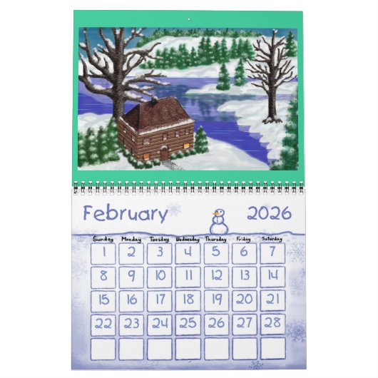 Kalender met cabines en landschappen (Feb 2026)