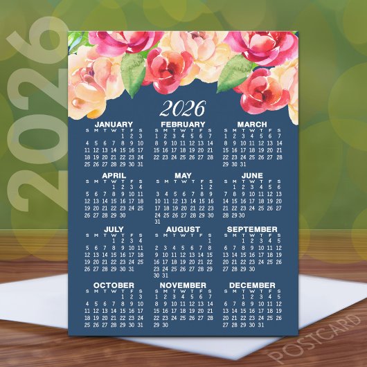 Kalender met geschilderde Waterverf Bloemen Briefkaart