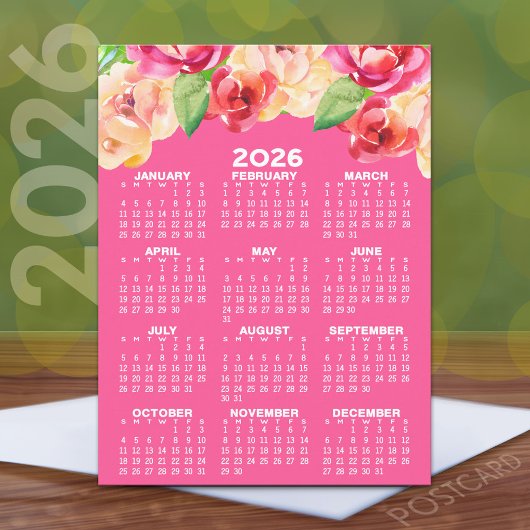 Kalender met geschilderde Waterverf Bloemen roze Briefkaart