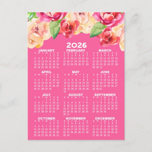 Kalender met geschilderde Waterverf Bloemen roze Briefkaart (Voorkant)