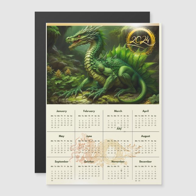 Kalender met groene draak. Kalender voor 2024 (Voorkant / Achterkant)