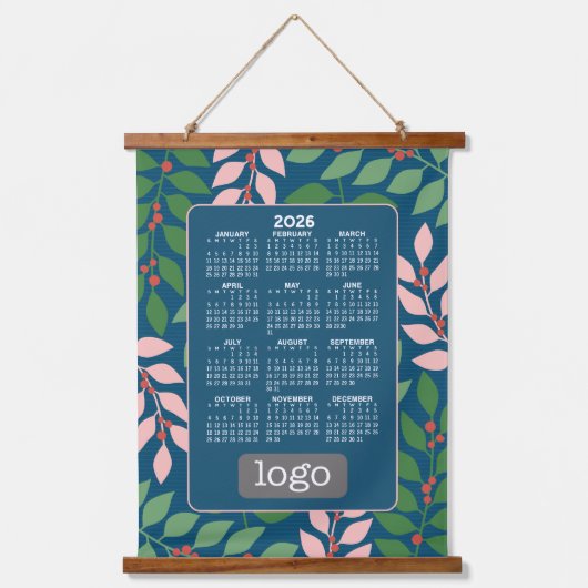 Kalender met Logo - Botanical Blue Peach Hangend Wandkleed (Voorkant)