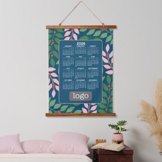 Kalender met Logo - Botanical Blue Peach Hangend Wandkleed (Slaapkamer)