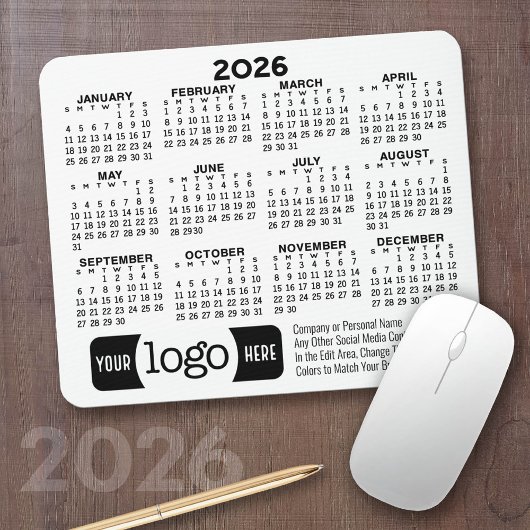 Kalender met logo, Contactinformatie Wit Muismat