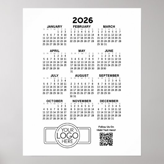 Kalender met Logo en QR-code - Zwart Wit Poster (Voorkant)