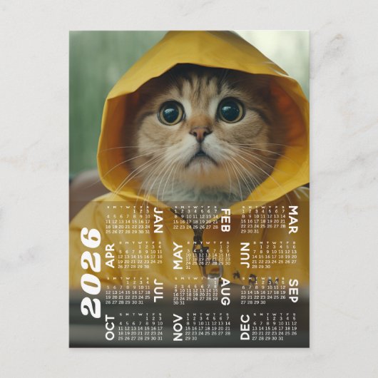 Kalender met schattige kat gekleed in geel briefkaart (Voorkant)