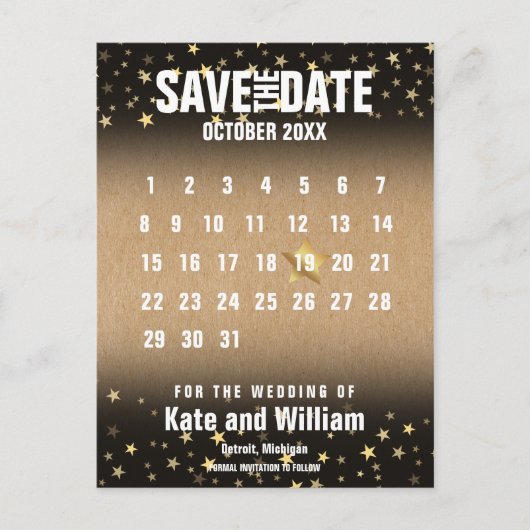 Kalender Save the Date Elegante Gouden Sterren Briefkaart (Voorkant)