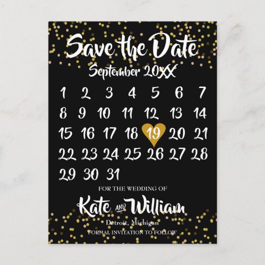 Kalender Save the Date Foto Goud Stof Confetti Aankondigingskaart (Voorkant)