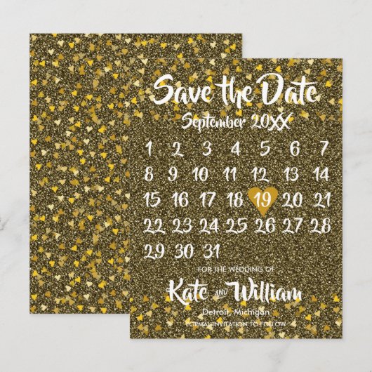 Kalender Save the Date Gold Love Hearts Glitter Aankondigingskaart (Voorkant / Achterkant)