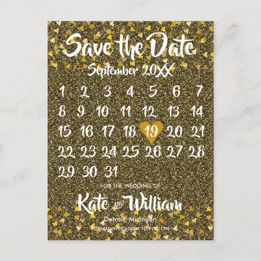 Kalender Save the Date Gold Love Hearts Glitter Aankondigingskaart (Voorkant)