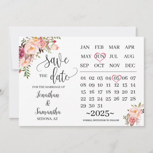 kalender save the date Roze bloemen trouwdag Kaart (Voorkant)