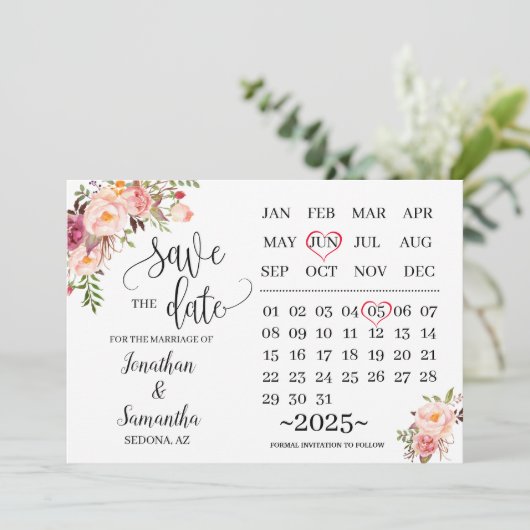 kalender save the date Roze bloemen trouwdag Kaart (Staand voorkant)