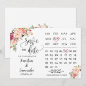 kalender save the date Roze bloemen trouwdag Kaart (Voorkant / Achterkant)