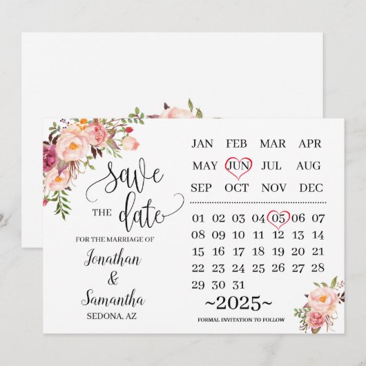 kalender save the date Roze bloemen trouwdag Kaart (Voorkant / Achterkant)
