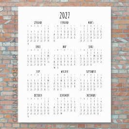 Kalender Script Zwart en Wit 2027 Hele Jaar Poster
