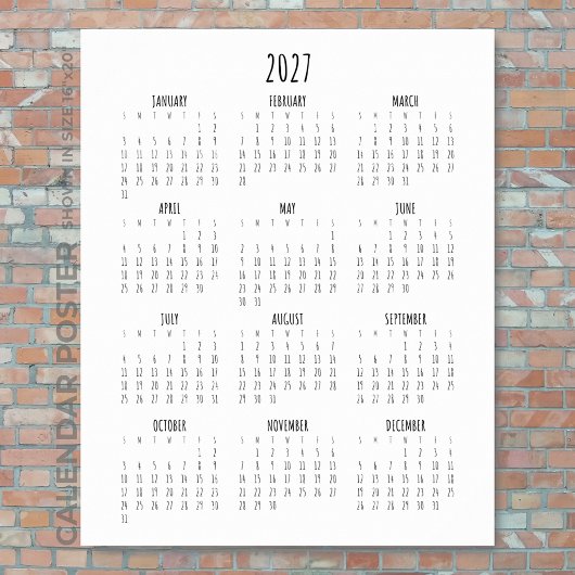Kalender Script Zwart en Wit 2027 Hele Jaar Poster