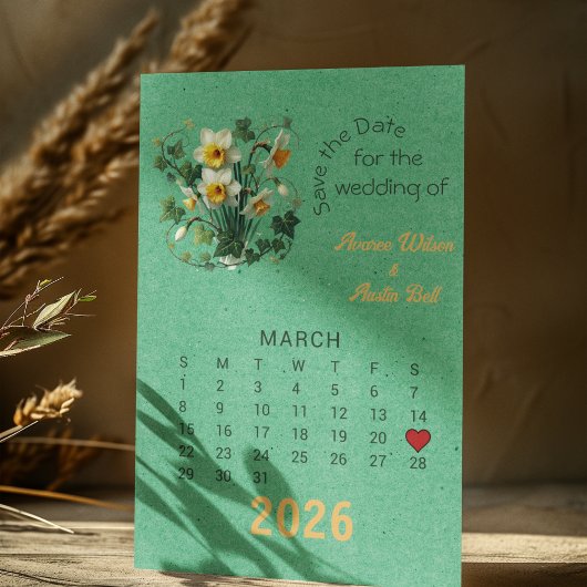 Kalender Stijl Trouwen Sla de Datum Maart Aankondigingskaart