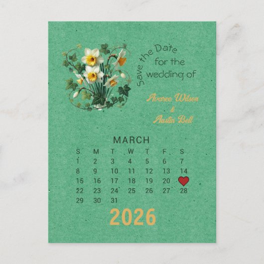 Kalender Stijl Trouwen Sla de Datum Maart Aankondigingskaart (Voorkant)