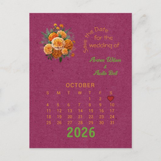 Kalender Stijl Trouwen Sla de Datum Oktober Aankondigingskaart (Voorkant)