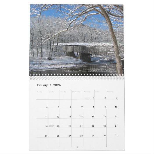 Kalender van gedekte bruggen van de VS (Jan 2026)