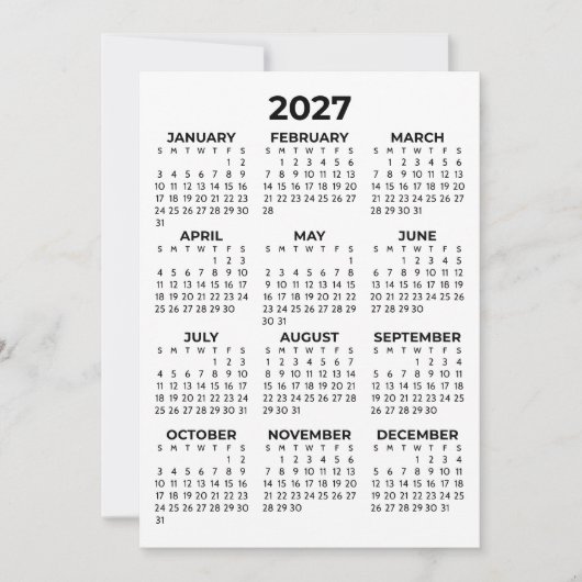 Kalender voor heel 2027 Eenvoudig Basis Kaart (Voorkant)
