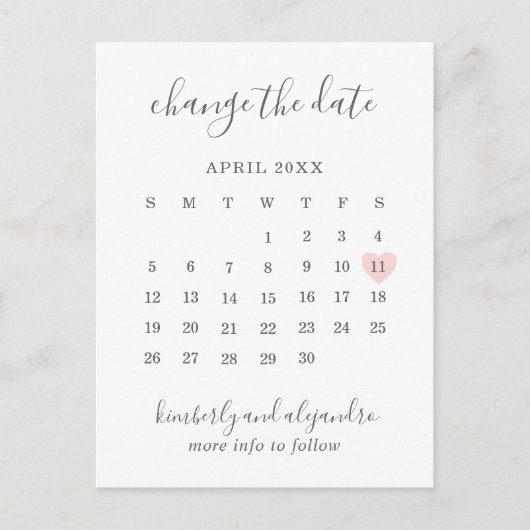 Kalender Wijzig de Datum Roze Hart Schattig Aankondigingskaart (Voorkant)