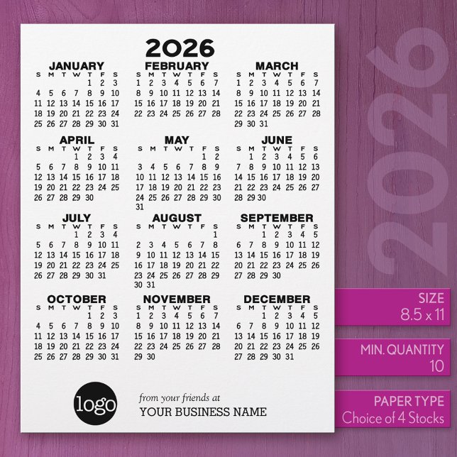 Kalender Zwart Wit Business - Vakantie Briefhoofd (2026 Calendar)
