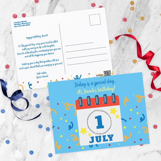 Kalenderblad Verjaardagsfeest 1 juli Briefkaart