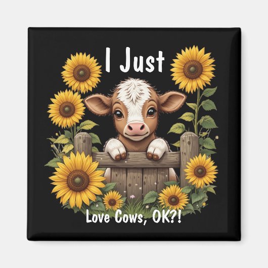 Kalf gluren over hek omringd door zonnebloemen magneet (Voorkant)