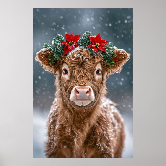 Kalf in de sneeuw met kerstster kroon poster (Voorkant)