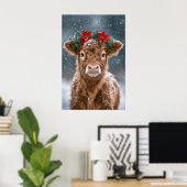 Kalf in de sneeuw met kerstster kroon poster (Thuiskantoor)