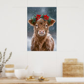 Kalf in de sneeuw met kerstster kroon poster (Keuken)