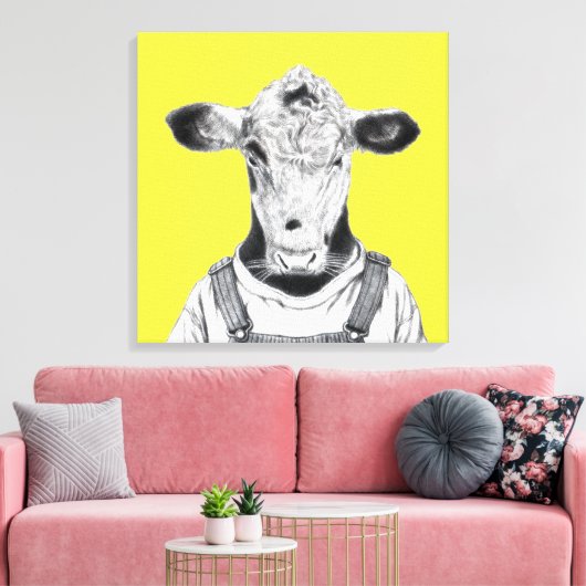 Kalf in Dungaree (Retro Yellow) Canvas Afdruk (Insitu (Woonkamer))