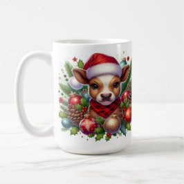 Kalf in kerstmuts met kerstdecoraties koffiemok