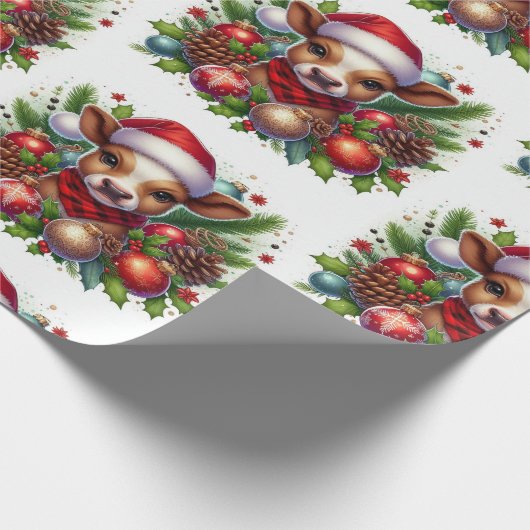 Kalf in Santa Hat Omgeven door Kerstversiering Cadeaupapier (Hoek)
