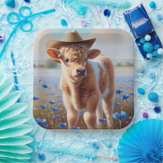 Kalf met cowboy Pet in weiland Papieren Bordje (Feest)