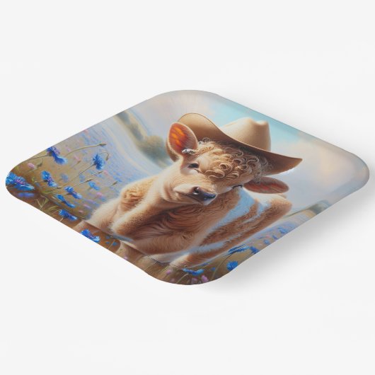 Kalf met cowboy Pet in weiland Papieren Bordje (Gebogen)