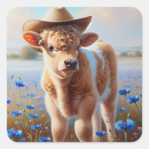 Kalf met cowboy Pet in weiland Vierkante Sticker