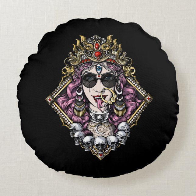 Kali Gothic Hindu Goddess Rond Kussen (Voorkant)