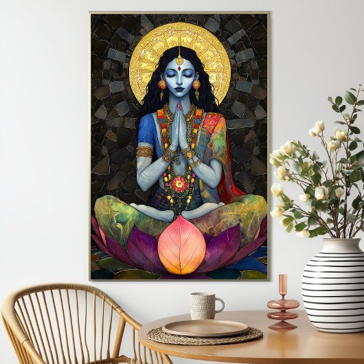 Kali in Meditatie: Mozaïek Blauw Goud Godin Kunst Poster
