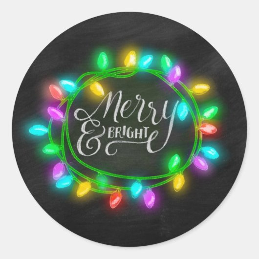 Kalk Drawn Merry en Bright met lampjes Ronde Sticker (Voorkant)