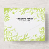  kalk groene lijn bloemen bruiloft all in one uitnodiging (Achterkant)