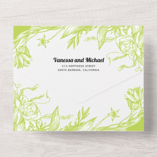  kalk groene lijn bloemen bruiloft all in one uitnodiging (Achterkant)