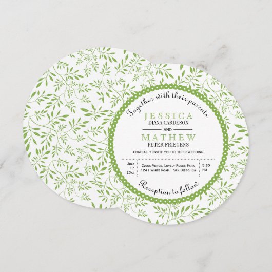 Kalkgroene bladeren patroon moderne bloembruiloft kaart (Voorkant / Achterkant)