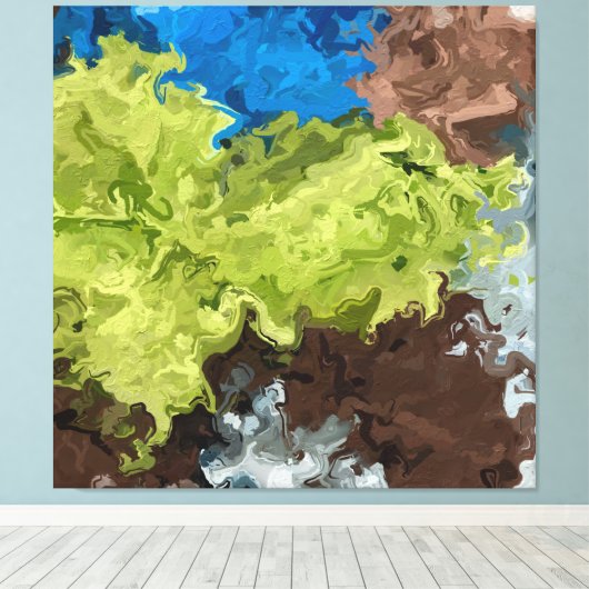 Kalkgroene, blauwe en bruine oliën canvas afdruk (Insitu (Houten vloer))