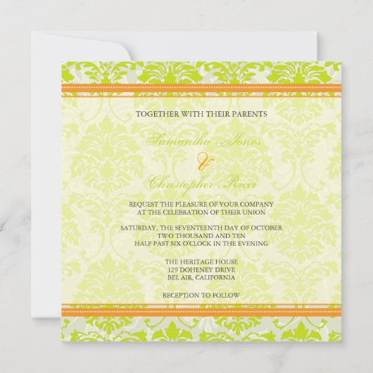 Kalkgroene damp op Ivory Damask/oranje accent Kaart (Achterkant)