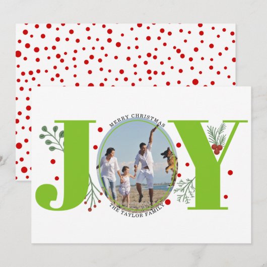 Kalkgroene Joy met kerstfoto met bessen Feestdagenkaart (Voorkant / Achterkant)