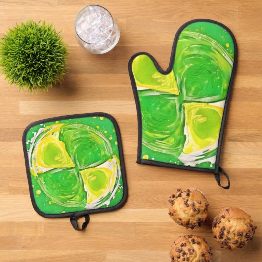 kalkgroene spiraal ovenwant & pannenlap set (Top down)