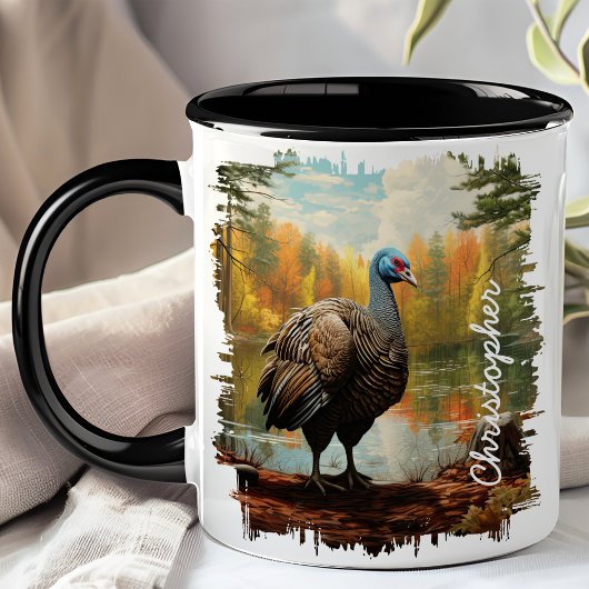 Kalkoen bij herfst bosmeer mok