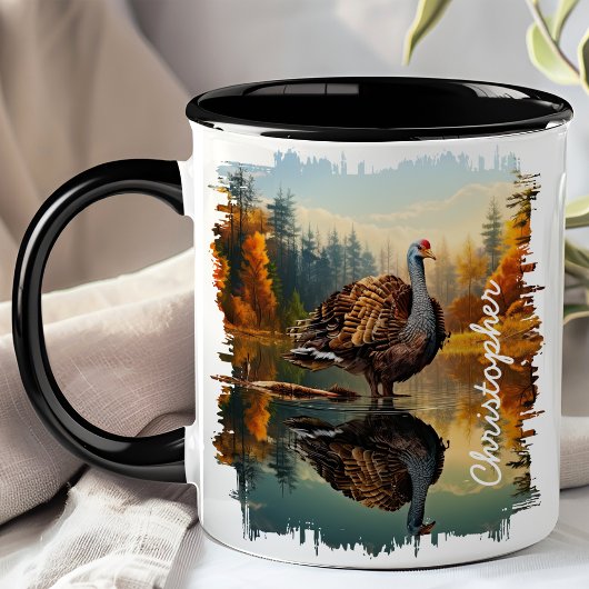Kalkoen bij herfstmeerreflectie mok
